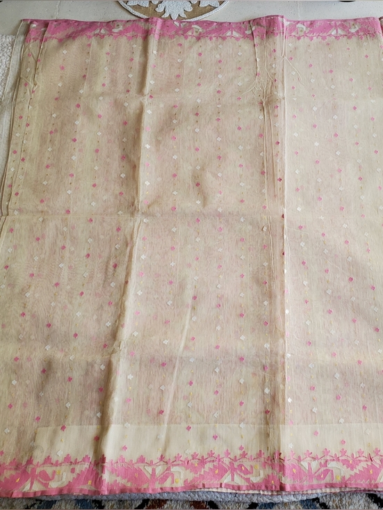 Elegant Pink & Cream Pure Cotton Dhakai Jamdani Saree Handloom Mint Condition